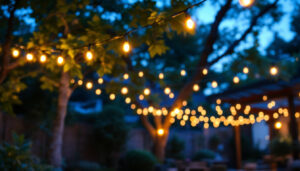 A photograph of a beautifully lit outdoor space featuring a variety of led string lights elegantly draped across trees or patio structures