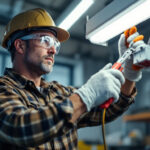 A photograph of a skilled lighting contractor carefully replacing a fluorescent light ballast