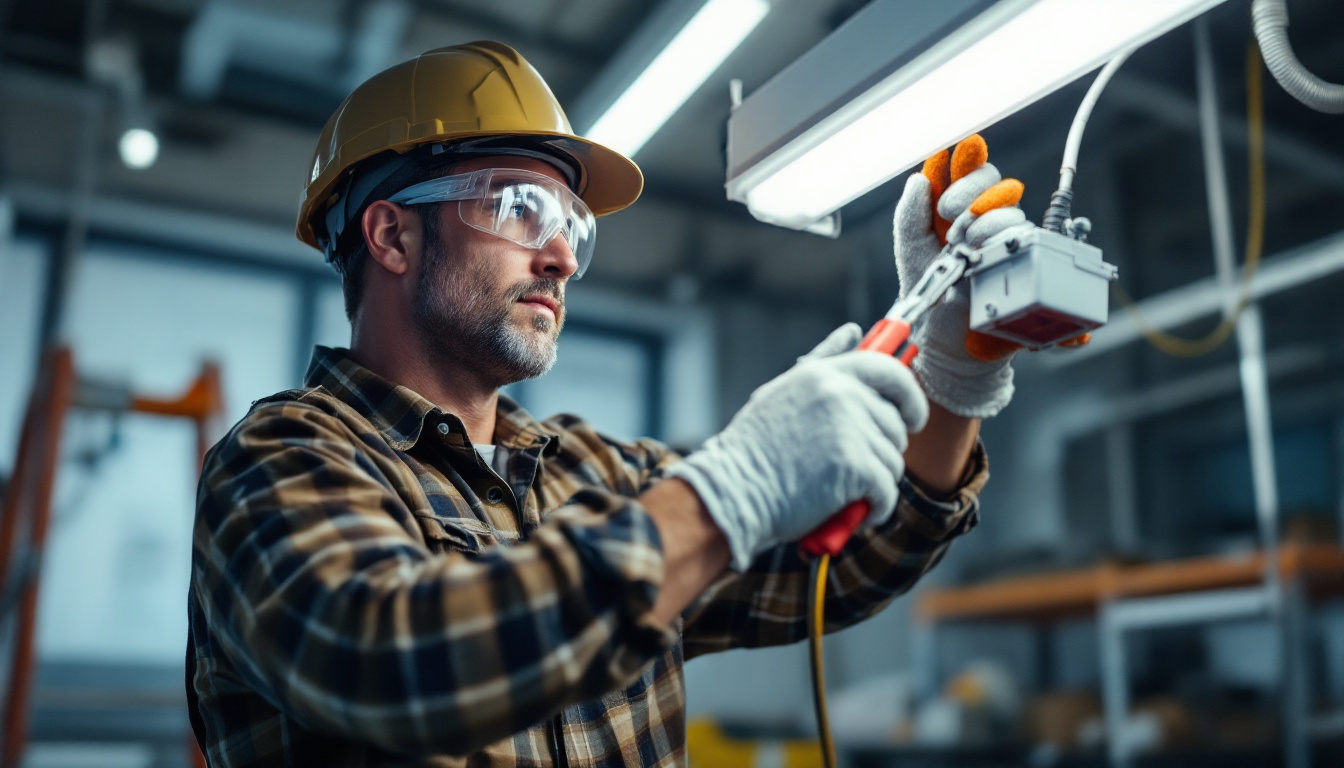 A photograph of a skilled lighting contractor carefully replacing a fluorescent light ballast