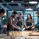 A photograph of a diverse team of professionals engaged in a hands-on training session