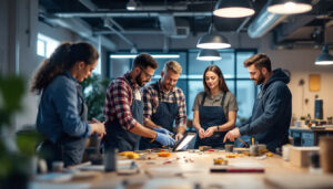 A photograph of a diverse team of professionals engaged in a hands-on training session