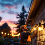 A photograph of a lighting contractor installing or adjusting outdoor work lights in a residential or commercial setting during twilight
