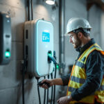 A photograph of a lighting contractor inspecting a level 2 ev charger installation at a job site