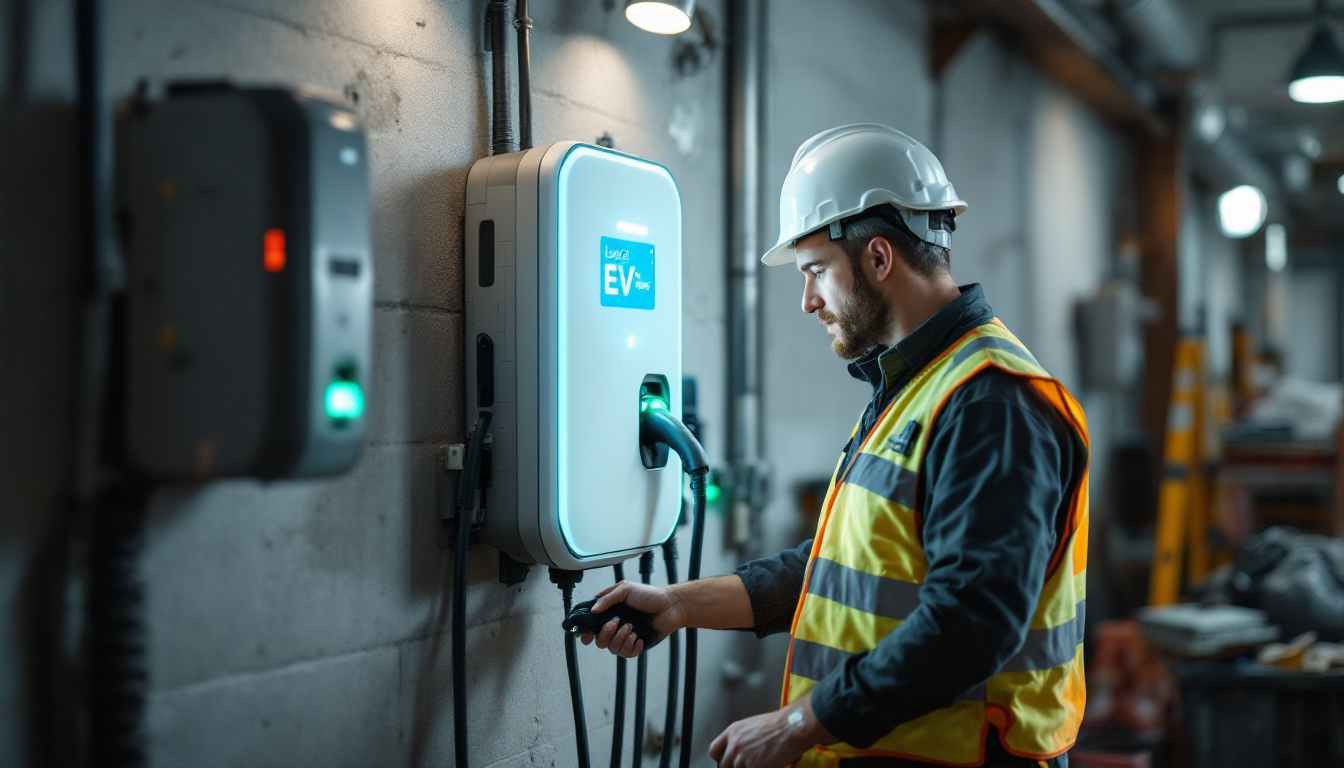 A photograph of a lighting contractor inspecting a level 2 ev charger installation at a job site