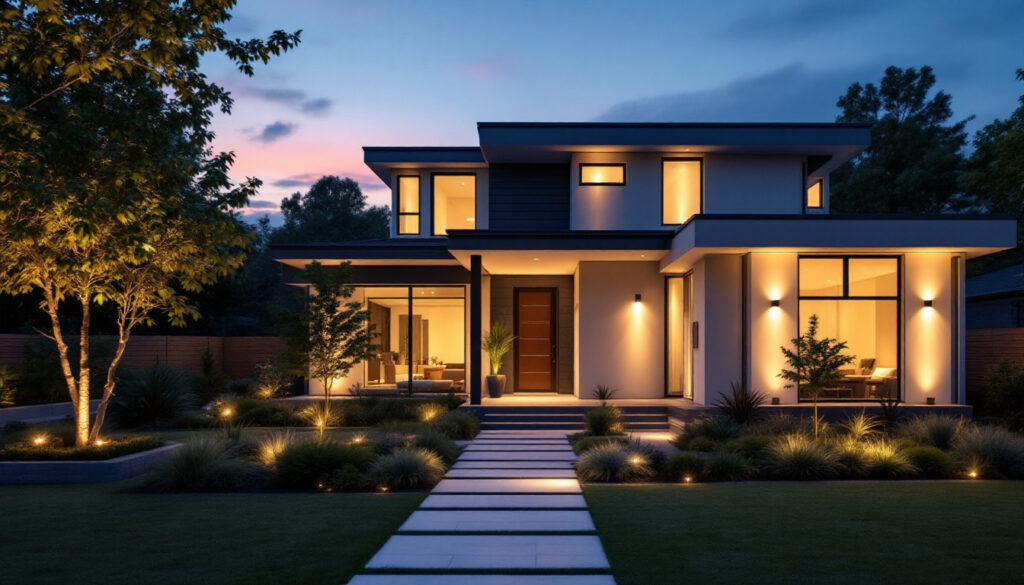 A photograph of a beautifully designed outdoor lighting setup that showcases innovative fixtures illuminating a modern home exterior at dusk