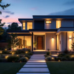 A photograph of a beautifully designed outdoor lighting setup that showcases innovative fixtures illuminating a modern home exterior at dusk