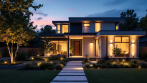 A photograph of a beautifully designed outdoor lighting setup that showcases innovative fixtures illuminating a modern home exterior at dusk