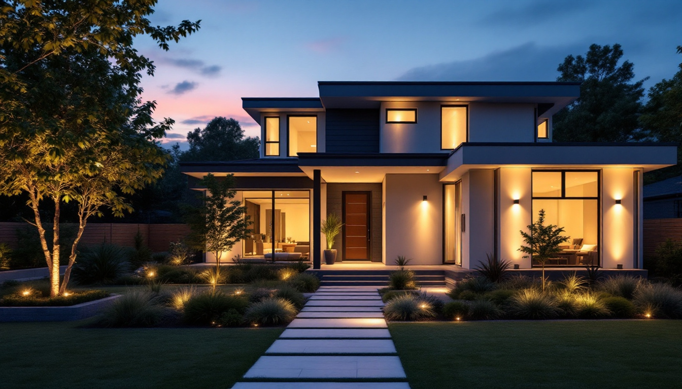 A photograph of a beautifully designed outdoor lighting setup that showcases innovative fixtures illuminating a modern home exterior at dusk