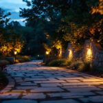 A photograph of a beautifully lit outdoor space showcasing motion-sensored lights in action