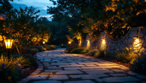 A photograph of a beautifully lit outdoor space showcasing motion-sensored lights in action