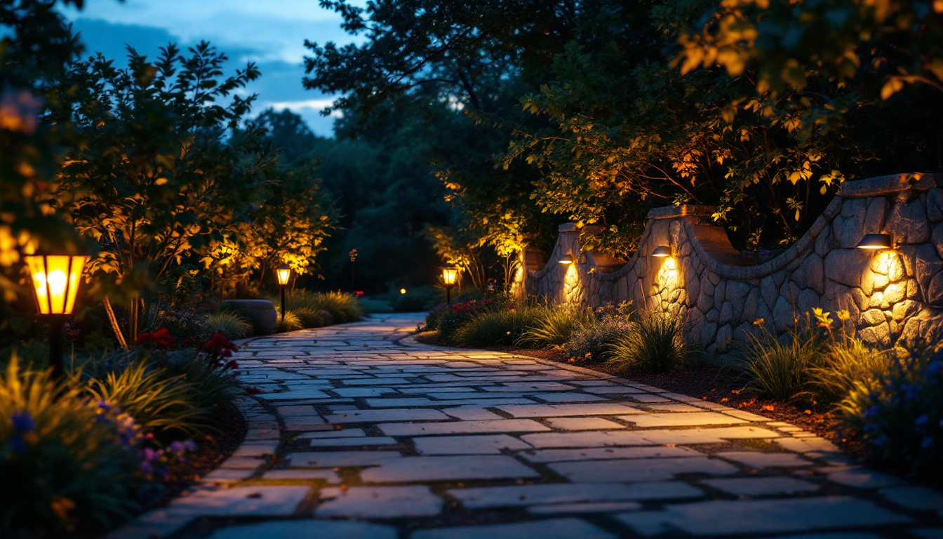 A photograph of a beautifully lit outdoor space showcasing motion-sensored lights in action