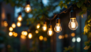 A photograph of a well-lit indoor or outdoor lighting installation featuring bright