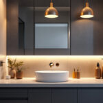 A photograph of a modern bathroom sink area featuring stylish lighting fixtures