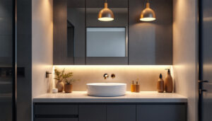A photograph of a modern bathroom sink area featuring stylish lighting fixtures