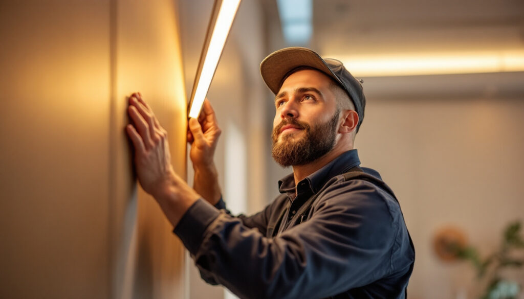 A photograph of a skilled lighting contractor installing or adjusting strip lighting in a modern interior space