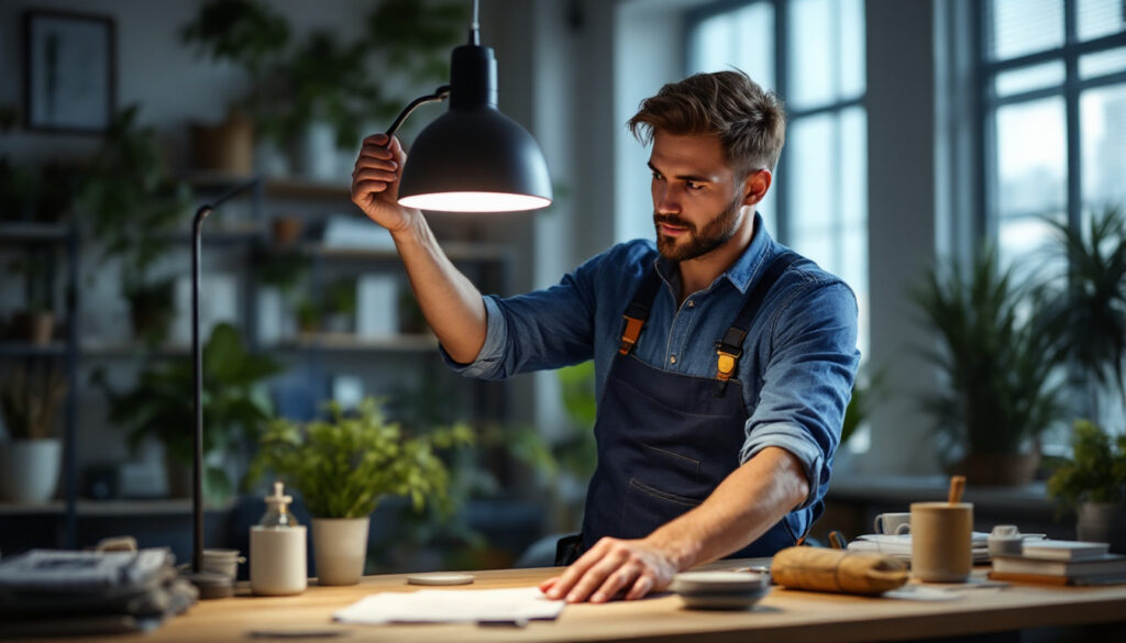 A photograph of a lighting contractor installing or showcasing a sleek led lamp in a modern workspace