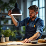 A photograph of a lighting contractor installing or showcasing a sleek led lamp in a modern workspace