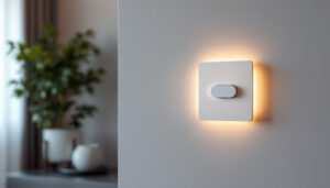 A photograph of a stylishly designed smart dimmer switch installed in a contemporary living space