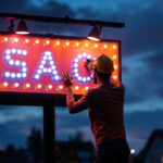 A photograph of a beautifully illuminated outdoor sign at dusk