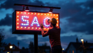 A photograph of a beautifully illuminated outdoor sign at dusk