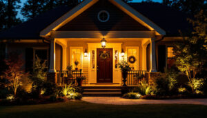 A photograph of a beautifully illuminated front porch showcasing a variety of stylish outdoor lighting fixtures
