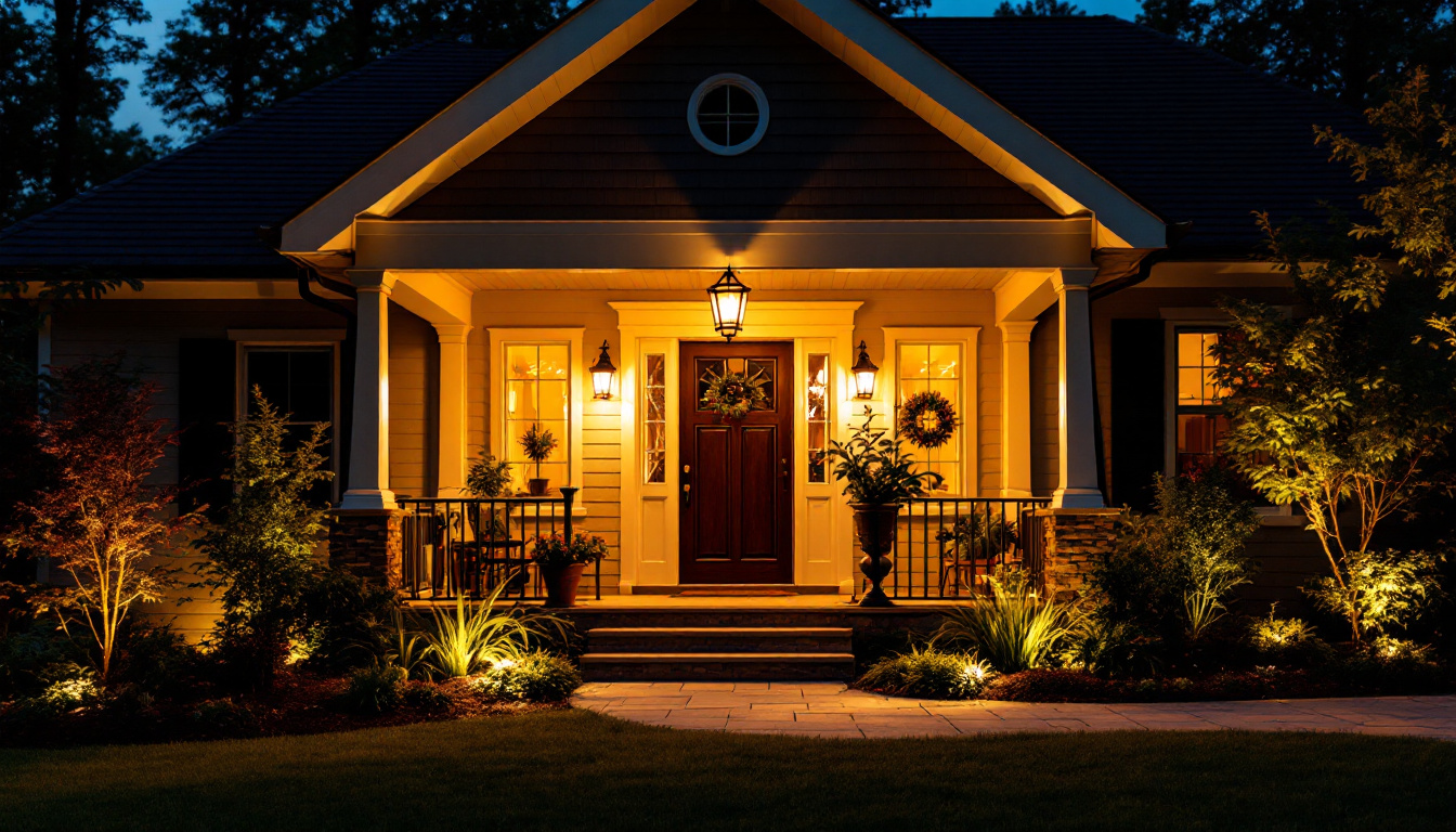 A photograph of a beautifully illuminated front porch showcasing a variety of stylish outdoor lighting fixtures