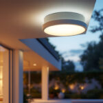 A photograph of a beautifully designed outdoor ceiling light fixture installed in an elegant outdoor setting