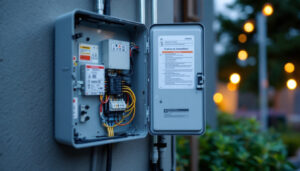 A photograph of a well-organized outdoor electrical box installation