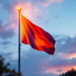 A photograph of a flagpole illuminated by solar-powered lights at dusk