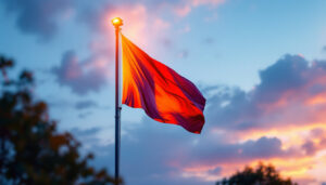 A photograph of a flagpole illuminated by solar-powered lights at dusk