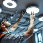 A photograph of a skilled lighting contractor installing sleek led light fixtures in a modern ceiling