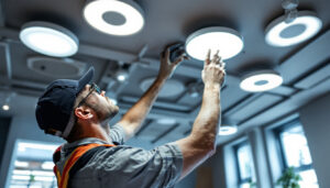 A photograph of a skilled lighting contractor installing sleek led light fixtures in a modern ceiling