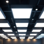 A photograph of a modern lighting installation featuring sleek panel lights in a commercial setting