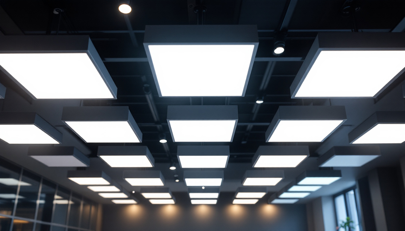 A photograph of a modern lighting installation featuring sleek panel lights in a commercial setting