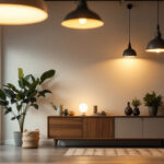 A photograph of a well-lit interior space showcasing various lighting fixtures