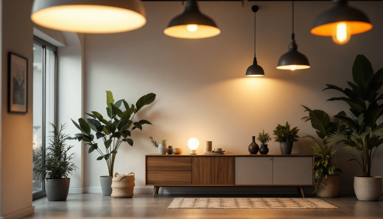 A photograph of a well-lit interior space showcasing various lighting fixtures