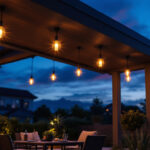 A photograph of a beautifully designed patio space illuminated by stylish ceiling lights during twilight