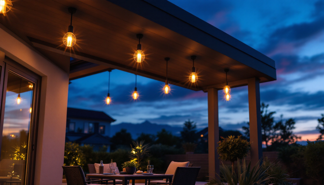 A photograph of a beautifully designed patio space illuminated by stylish ceiling lights during twilight
