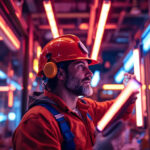 A photograph of a lighting contractor in action
