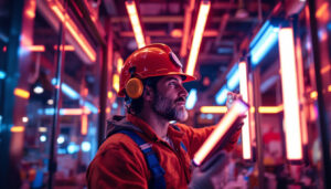 A photograph of a lighting contractor in action