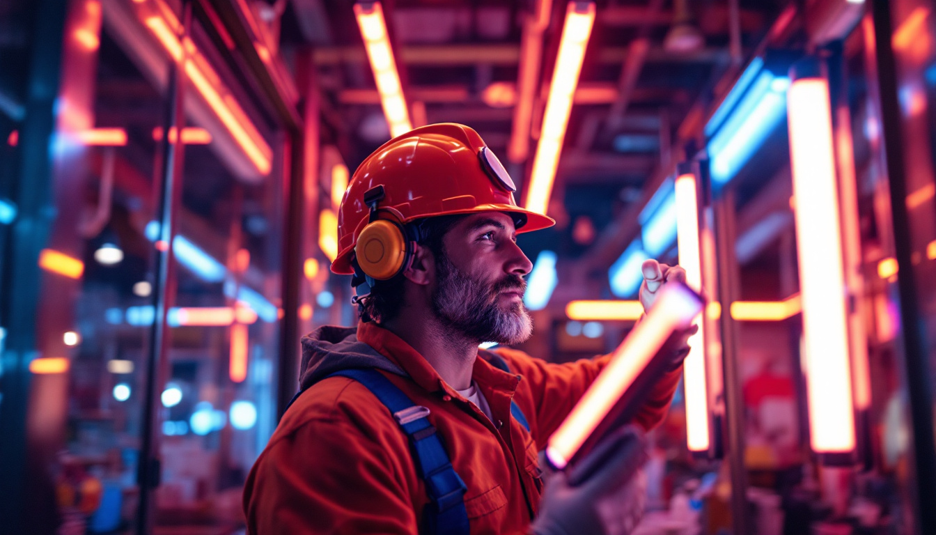 A photograph of a lighting contractor in action