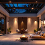 A photograph of a well-lit outdoor space showcasing various styles of led ceiling lights installed in a residential or commercial setting