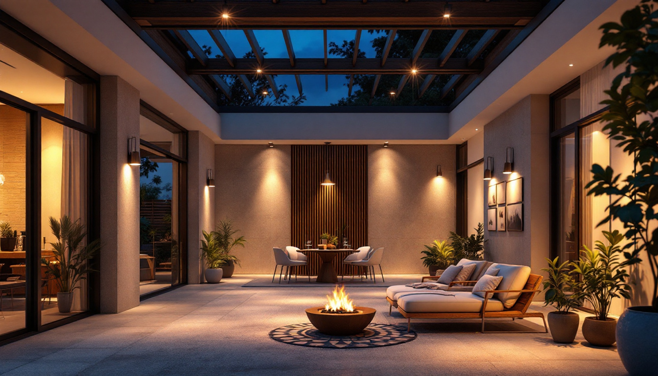 A photograph of a well-lit outdoor space showcasing various styles of led ceiling lights installed in a residential or commercial setting