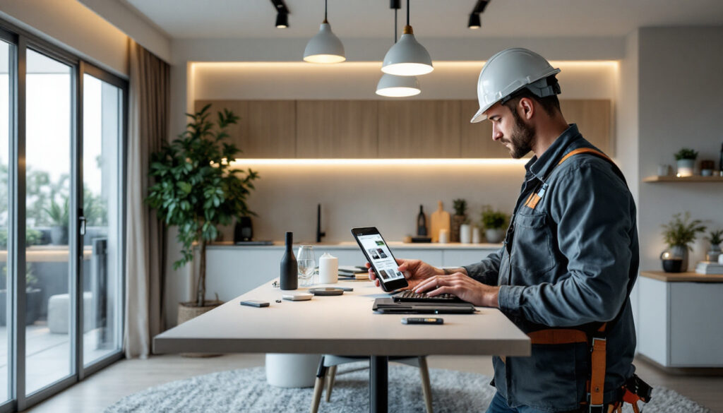 A photograph of a smart lighting contractor working on an innovative lighting installation in a modern home