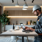 A photograph of a smart lighting contractor working on an innovative lighting installation in a modern home