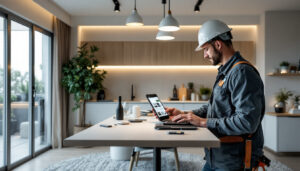 A photograph of a smart lighting contractor working on an innovative lighting installation in a modern home