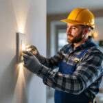 A photograph of a lighting contractor installing a lighted receptacle in a modern residential setting