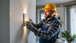 A photograph of a lighting contractor installing a lighted receptacle in a modern residential setting