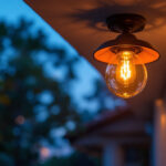 A photograph of a beautifully designed outdoor ceiling light fixture installed on a patio or porch