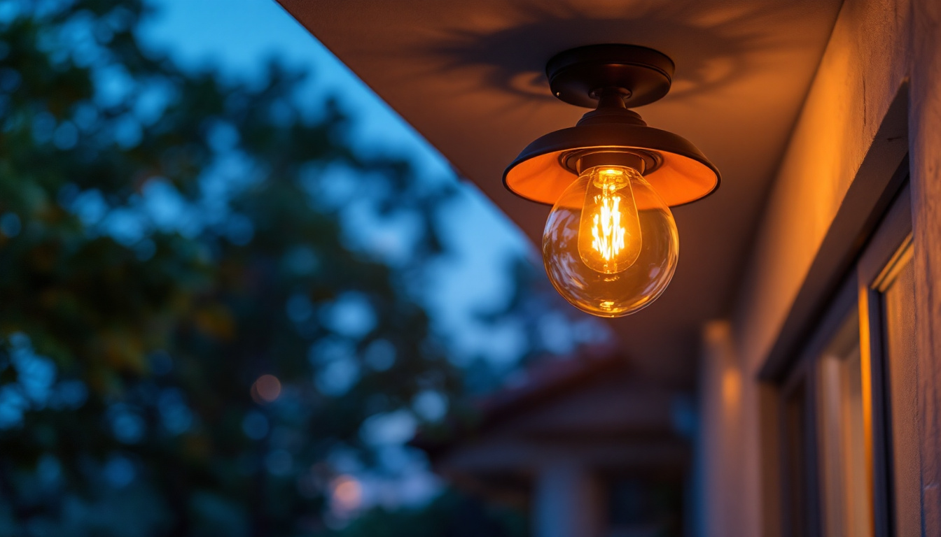 A photograph of a beautifully designed outdoor ceiling light fixture installed on a patio or porch
